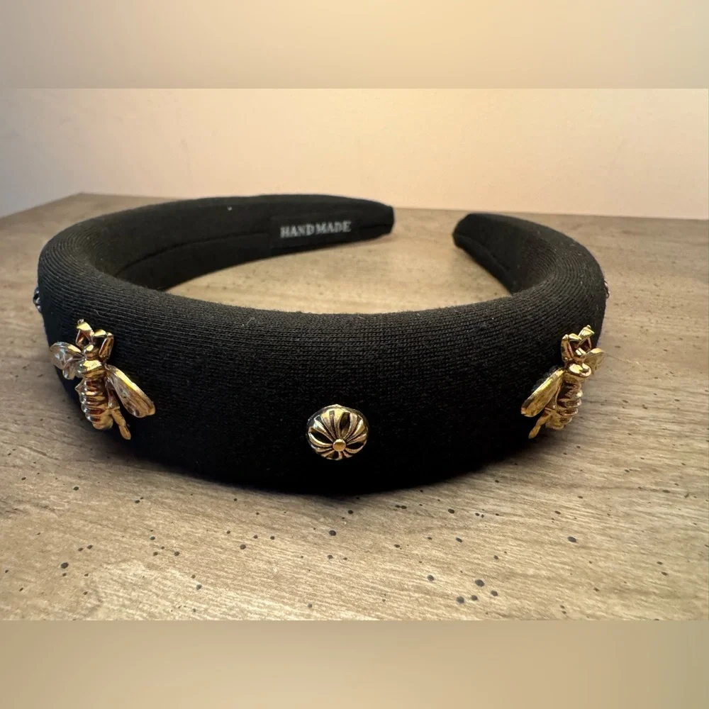 Black Headband with Gold Bee Accents